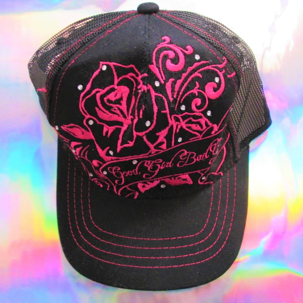 NEW black pink trucker hat floral cap nwt